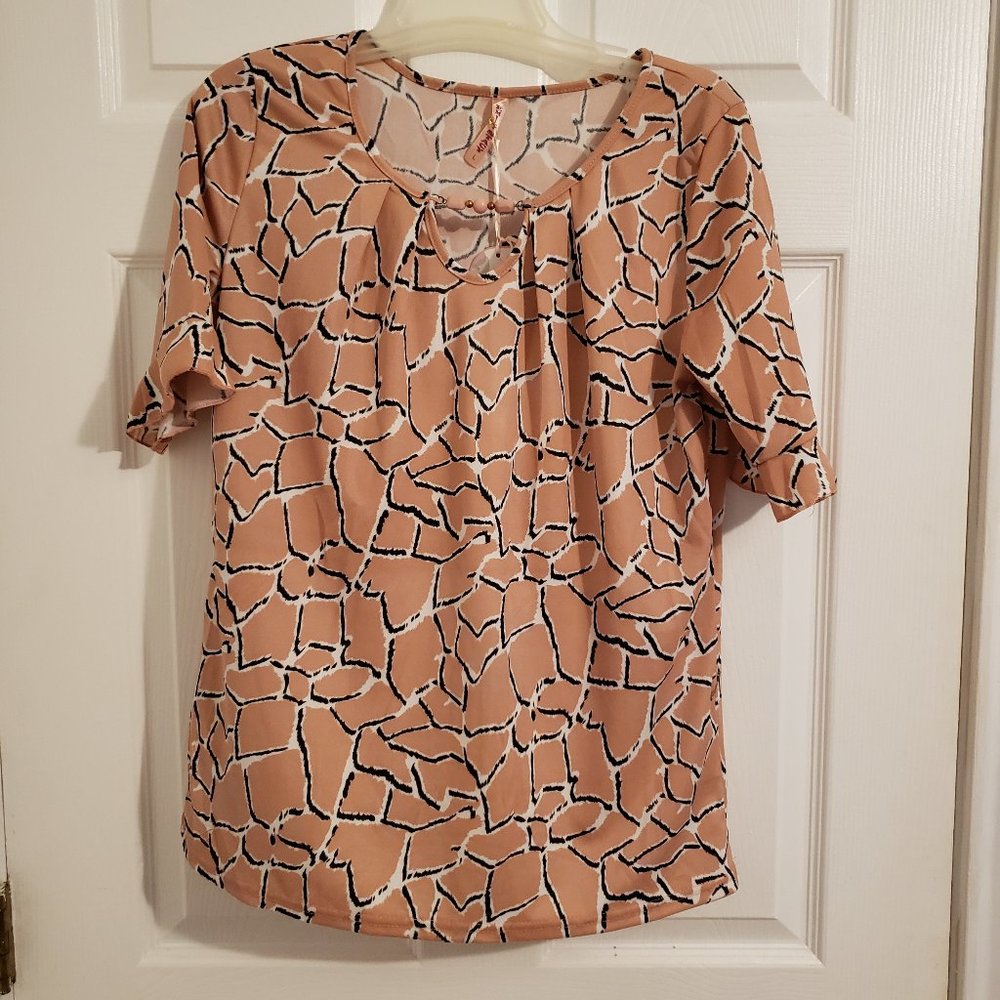 Emily Stacy Patterned Keyhole Blouse with Beads Large New with Tags